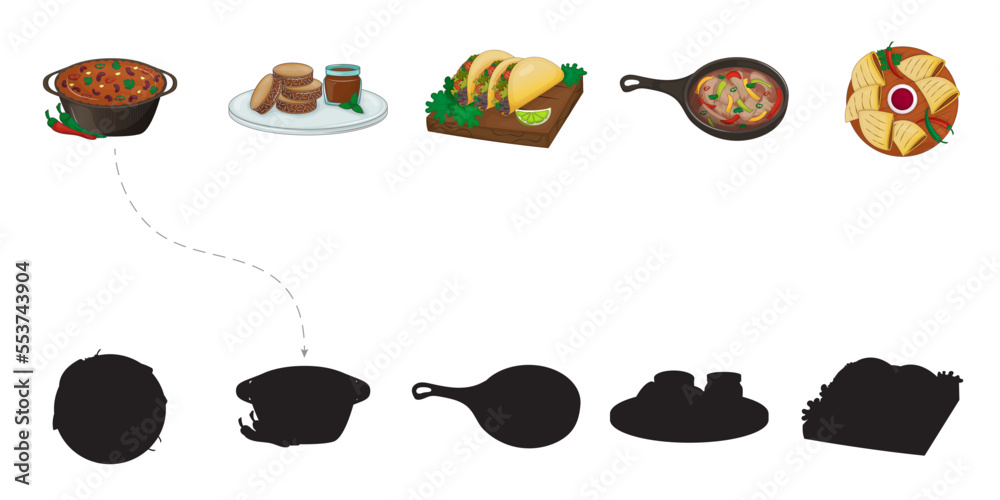 Children's Puzzle Find Whose Shadow. For elementary school age children. Latin American Cuisine. Vector illustration. Cartoon. Children's Puzzle Find Whose Shadow. For elementary school age children. Latin American Cuisine. Vector illustration. Cartoon.
