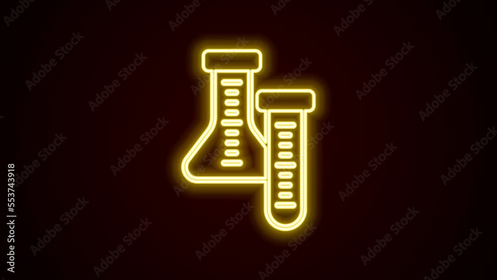 Glowing neon line Test tube and flask chemical laboratory test icon isolated on black background. Laboratory glassware sign. 4K Video motion graphic animation Glowing neon line Test tube and flask chemical laboratory test icon isolated on black background. Laboratory glassware sign. 4K Video motion graphic animation