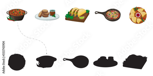 Children's Puzzle Find Whose Shadow. For elementary school age children. Latin American Cuisine. Vector illustration. Cartoon.