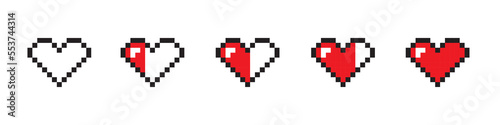 Pixel hearts set in pixel style on white background. Health bar retero pixel game concept. Retro game interface. 8 Bit vector illustration of computer game. Different hearts collection. Vector graphic