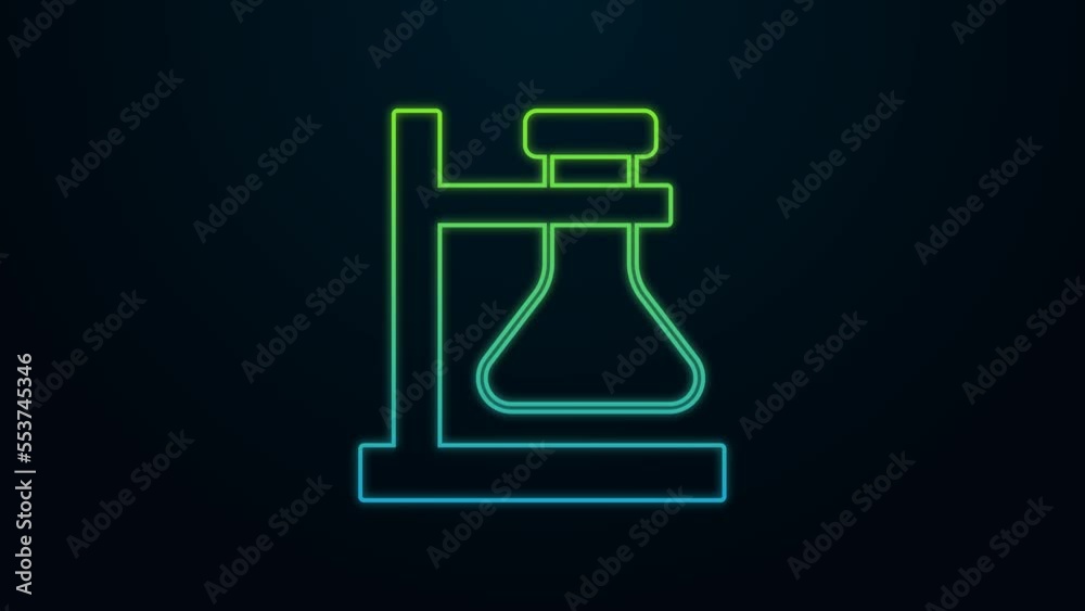 Glowing neon line Glass test tube flask on stand icon isolated on black background. Laboratory equipment. 4K Video motion graphic animation Glowing neon line Glass test tube flask on stand icon isolated on black background. Laboratory equipment. 4K Video motion graphic animation