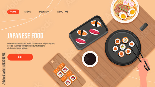 Landing page for a sushi restaurant Asian food. Online shopping, delivery. Woman's hand holding roll sticks. Vector