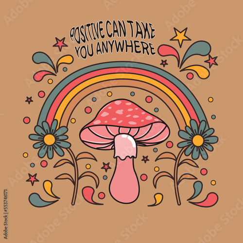 Retro poster, psychedelic mushroom and flowers. Vector illustration