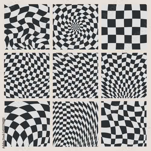 Collection distorted black and white checkered template.
