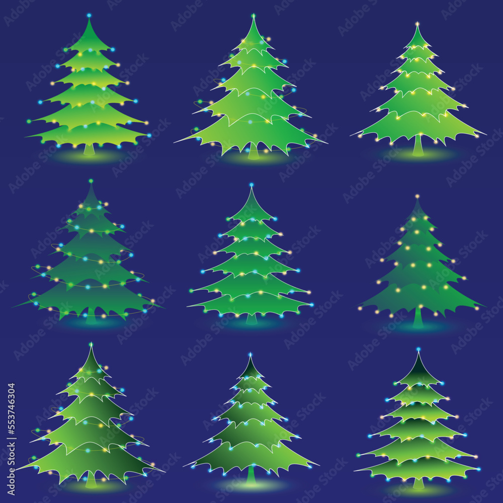 Cartoon christmas fir trees decorated and covered with snow green xmas trees vector illustrations
