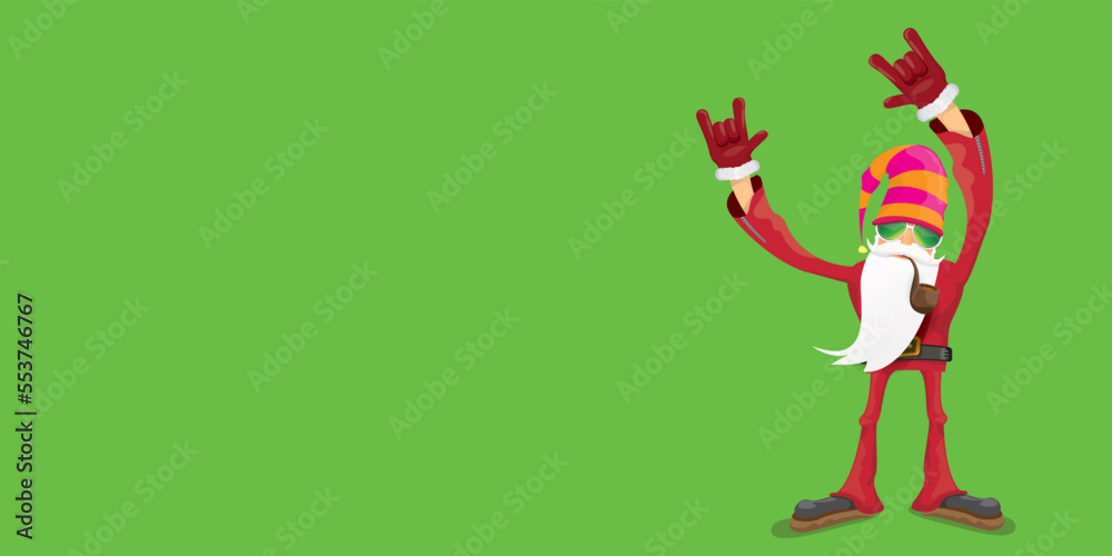 vector modern rock n roll santa claus with smoking pipe, santa beard and funky hat isolated on green christmas horizontal banner background with snowflakes. Horizontal Christmas hipster party poster vector modern rock n roll santa claus with smoking pipe, santa beard and funky hat isolated on green christmas horizontal banner background with snowflakes. Horizontal Christmas hipster party poster