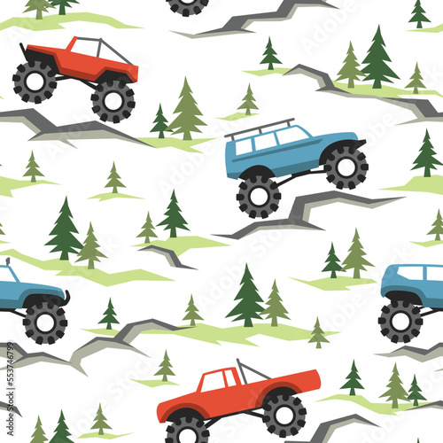 SUV off road cars seamless pattern with pines and stones. Endless fun cartoon texture for children fabric and fashion print. Vector background.