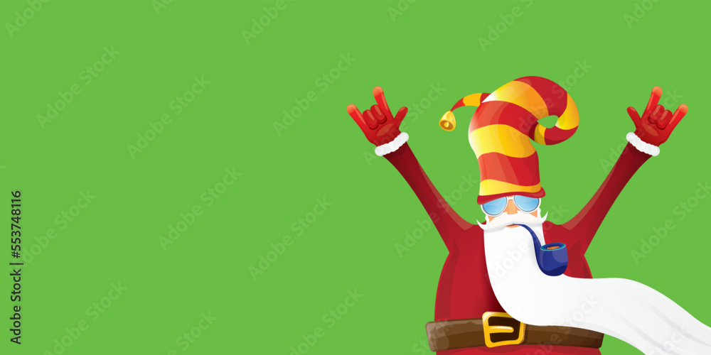 Naklejka premium vector modern rock n roll santa claus with smoking pipe, santa beard and funky hat isolated on green christmas horizontal banner background with snowflakes. Horizontal Christmas hipster party poster