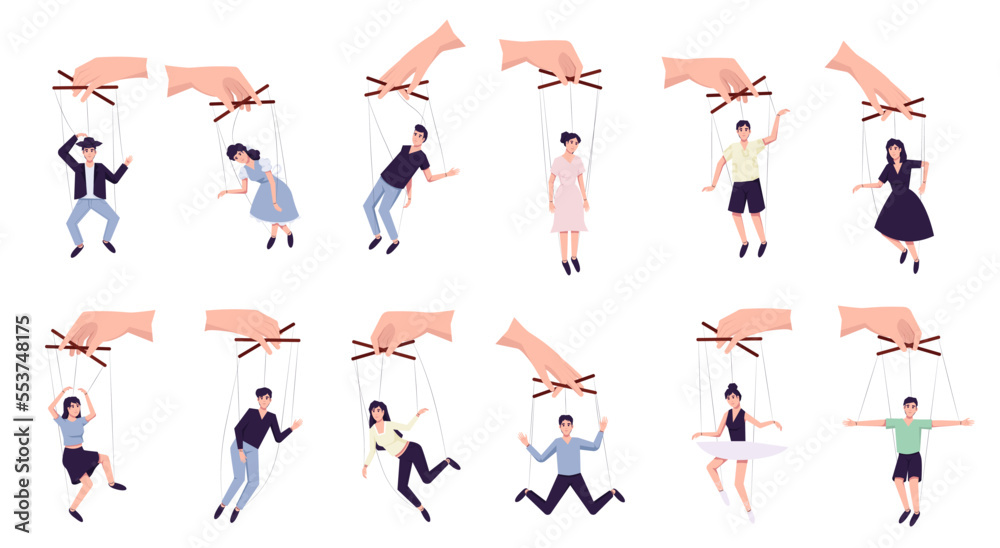 Set of people hang on ropes. Puppeteer and puppets. Characters being controlled by master, domination or authority Linear flat vector illustration