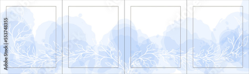 Set of elegant luxury blue watercolor background for Instagram, Social Media Post, Banner, Carousel Template. Watercolor splash, flowers and silver frame. 5 vertical sections 4:5. Vector, eps10.