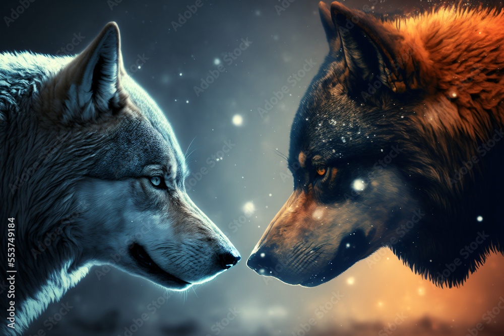 closeup of two wolves aggressive look into each other's eyes, wolf