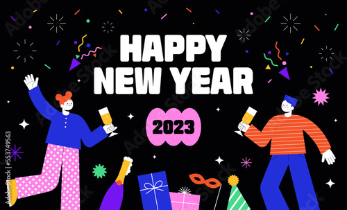 Happy new year. Merry joyful men and women rejoicing at festive winter party. Colorful 2023 celebration. Banner, flyer, greeting card, media post template, Modern style. Flat vector illustration.
