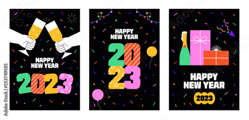 Happy new year. Festive winter party. Colorful 2023 celebration. Banner, flyer, poster, greeting card, holiday cover, event, media post template, Modern style. Trendy design flat vector illustration. photo