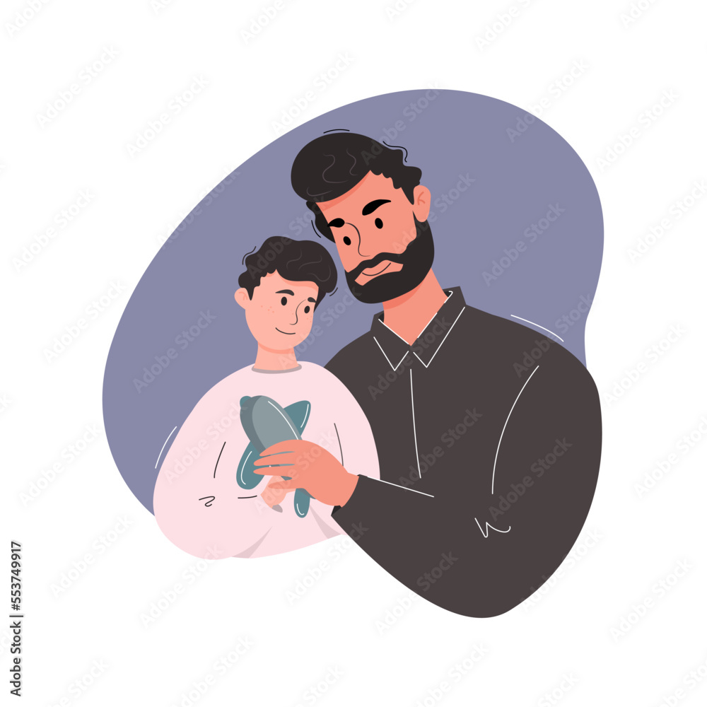 Father with son. Father's Day greeting card, father playing with his little son. Vector illustration in flat style..