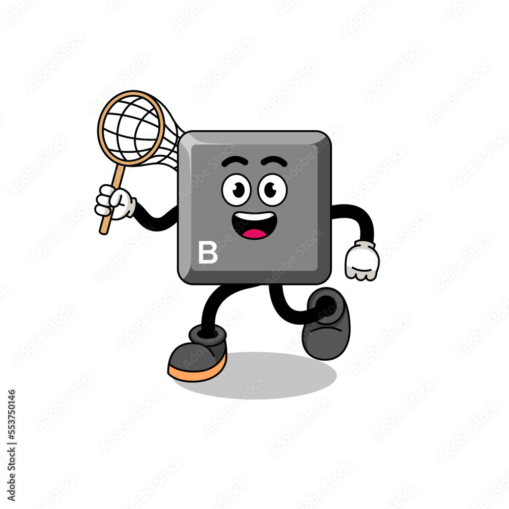 Cartoon of keyboard B key catching a butterfly Cartoon of keyboard B key catching a butterfly