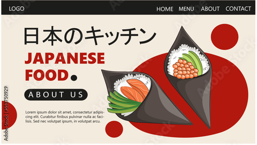 Asian food, Japanese food. for delivery sites, sushi rolls onigiri soy sauce, ramen, wok, noodles