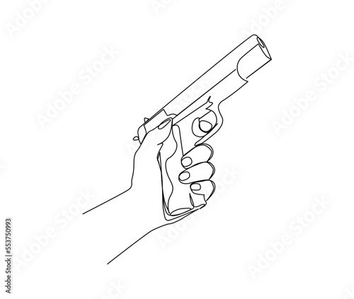 Continuous one line drawing of hand holding Gun. Hand Gun single line art vector design. Military concept.