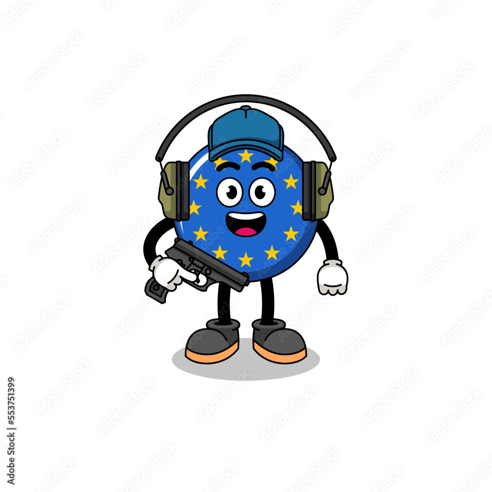 Character mascot of europe flag doing shooting range Character mascot of europe flag doing shooting range