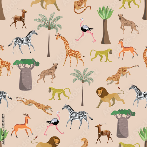 African animals. Lion, cheetah, zebra, antelope, hyena, giraffe. Seamless pattern.