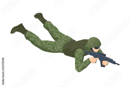 Isometric Special Forces Soldier Police, Swat Team Member. Army Soldier in Protective Combat Uniform holding Special Operations Forces Combat Assault Rifle. Army, military, people