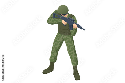 Isometric Special Forces Soldier Police, Swat Team Member. Army Soldier in Protective Combat Uniform holding Special Operations Forces Combat Assault Rifle. Army, military, people
