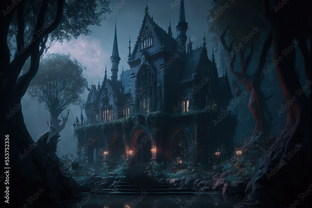 medieval, dark fantasy, gothic, haunted castle, magical, elven, art illustration