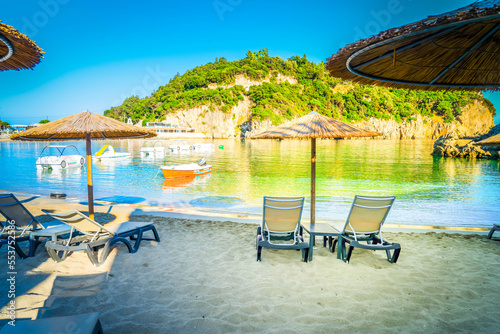 Paleokastritsa beach and Ionian sea on Korfu, Greece, toned photo