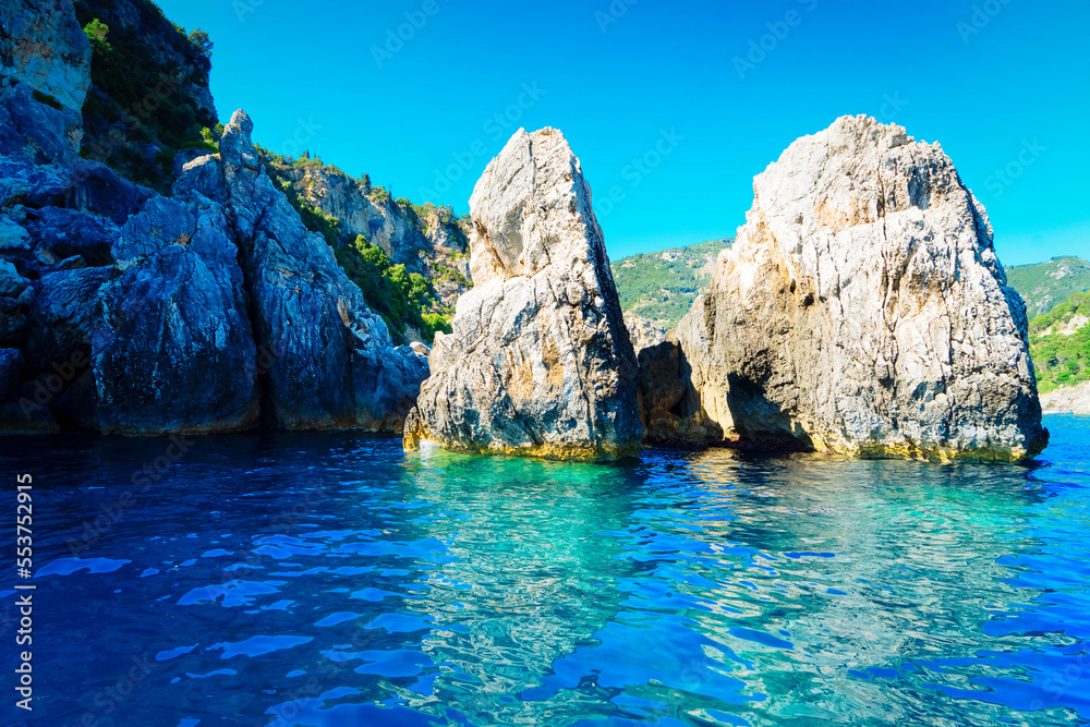 Paleokastritsa blue caves and Ionian sea on Korfu, Greece, toned