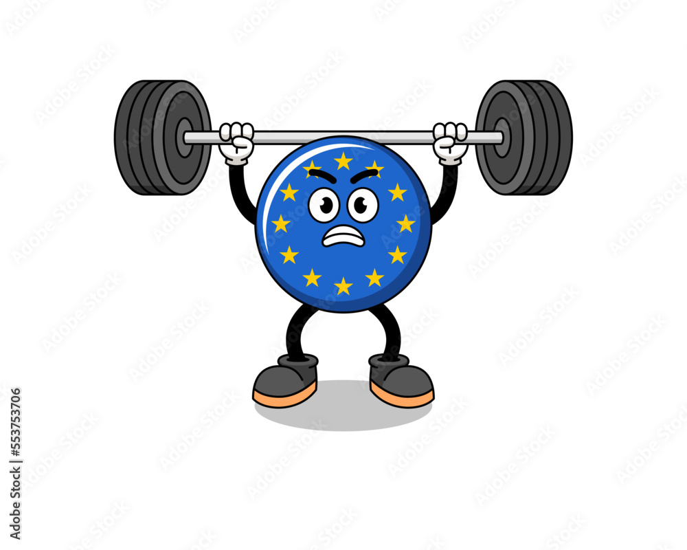 europe flag mascot cartoon lifting a barbell europe flag mascot cartoon lifting a barbell