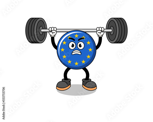 europe flag mascot cartoon lifting a barbell