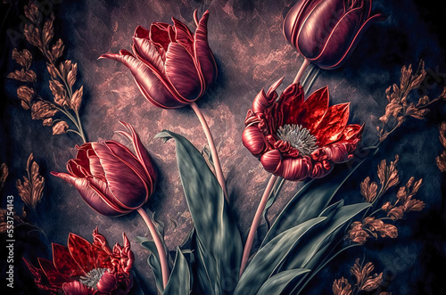 Fresh Spring tulips floral. tulip flowers blooming. Spring nature background for web banner and card design. Generative AI #553754143