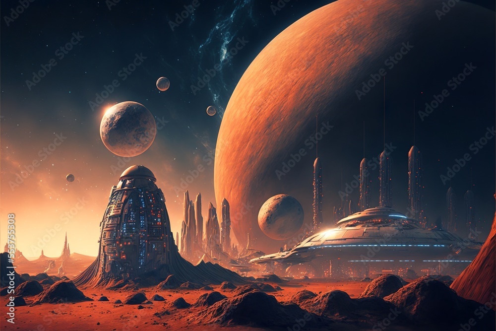 Mechanical city on mars with planets in the background sci-fi landscape  Illustration Stock | Adobe Stock