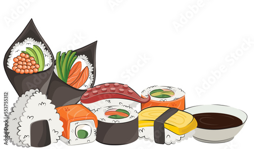japanese cuisine, asian food. for restaurant menus and posters. delivery sites vector flat illustration isolated on white background. sushi rolls onigiri soy sauce set. stock picture