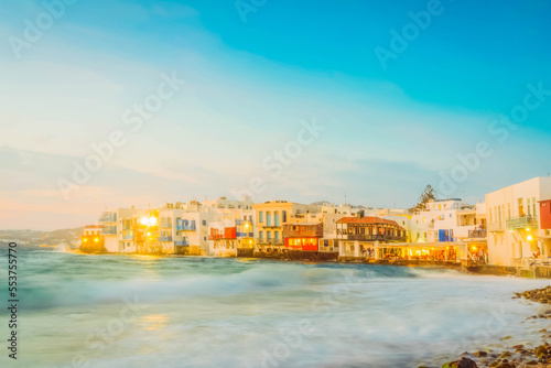 Lettle Venice waterfront at Mykonos island at night  Greece  toned