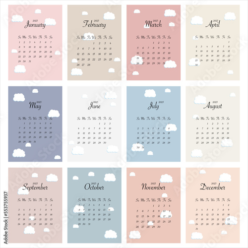 2023 calendar in trendy minimalistic style with cute clouds. A set of desk calendars for 12 pages. Minimal planner calendar design for printable template. Vector illustration.