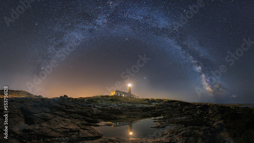 Beautiful landscape view of milky way arch over a lighthouse reflecting on water at night
