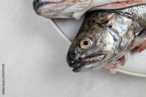 Fresh trout on the plate ready for preparing