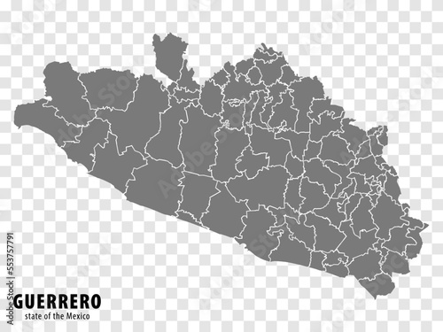 State Guerrero of Mexico map on transparent background. Blank map of  Guerrero with  regions in gray for your web site design, logo, app, UI. Mexico. EPS10.