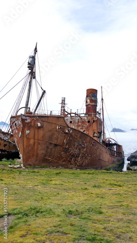 Old, rusted whaling and sealing ship at the old whaling station at Grytviken, South Georgia Island © Angela