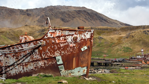 Old, rusted whaling and sealing ship at the old whaling station at Grytviken, South Georgia Island photo