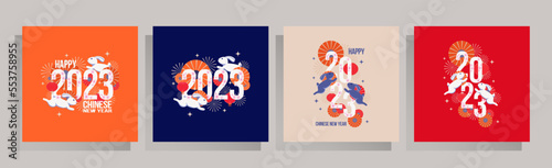 set of greeting cards for 2023 new year. Concept design for calendar, postcard, template, flyer, banner, poster, Chinese rabbit new year, lunar.