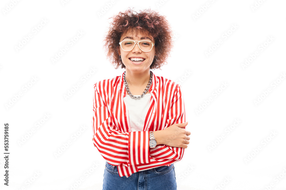 Portrait of cool happy kazakh model girl with curls and chain posing and smiling isolated on white studio background. Portrait of cool happy kazakh model girl with curls and chain posing and smiling isolated on white studio background.