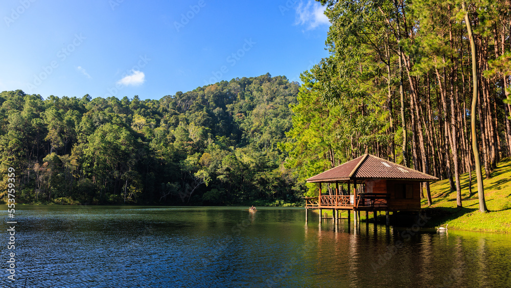 Riverside resort and pine trees in the morning at  Pang-Ung  Mae Hong Son, North of Thailand, in the winter season,