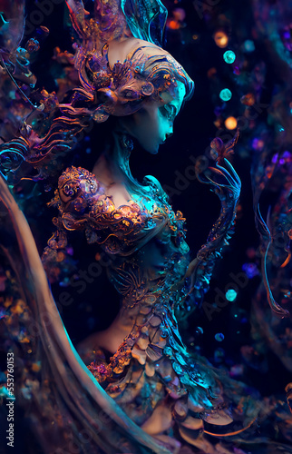 Ethereal mermaid swimming underneath the Turqoise sea. Generative AI, this image is not based on any original image, character or person.