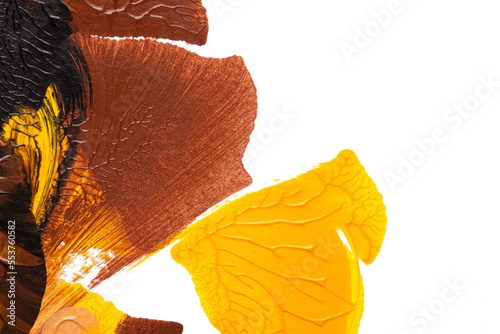 brown creammy yellow abstract acrylic painting color texture on white paper background by using rorschach inkblot method