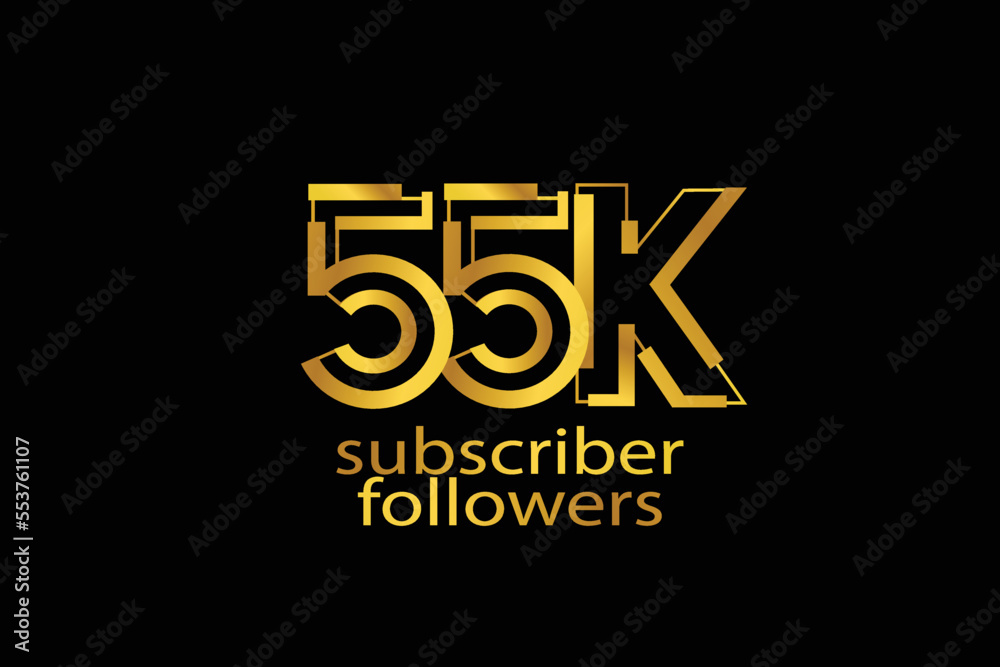 55K, 55.000 subscribers or followers blocks style with gold color on black background for social media and internet-vector