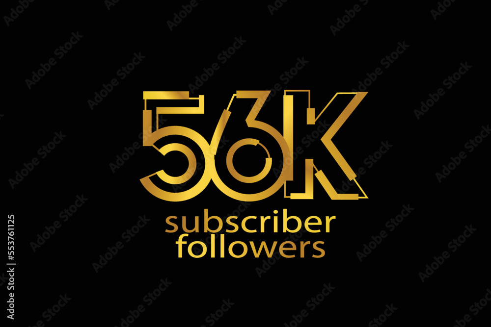 56K, 56.000 subscribers or followers blocks style with gold color on black background for social media and internet-vector