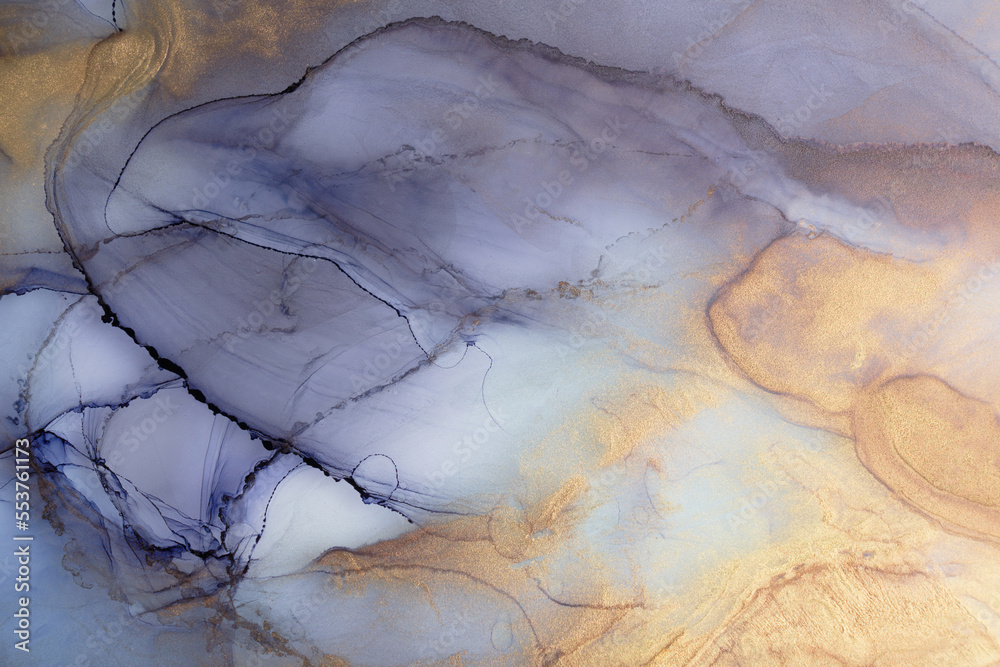 Naklejka premium Alcohol ink abstract background. Blue golden luxury acrylic paint in water. Texture of marble. Print pattern