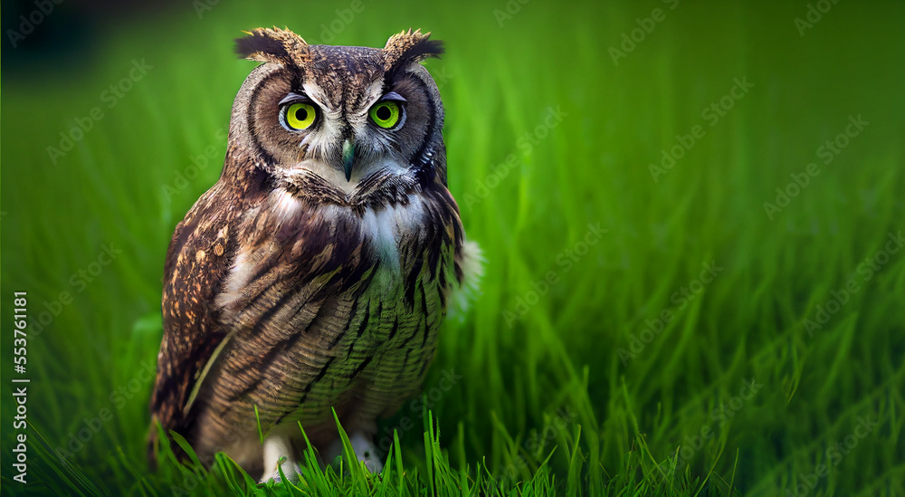 Great horned owl in autumn, generative ai Great horned owl in autumn, generative ai