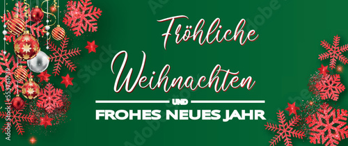 Karte oder Banner, um frohe Weihnachten und ein glückliches neues Jahr in Weiß auf rotem Grund und auf jeder Seite mit Schneeflocken, Glitzer und Weihnachtskugeln in Rot, Weiß und Gold zu wünschen